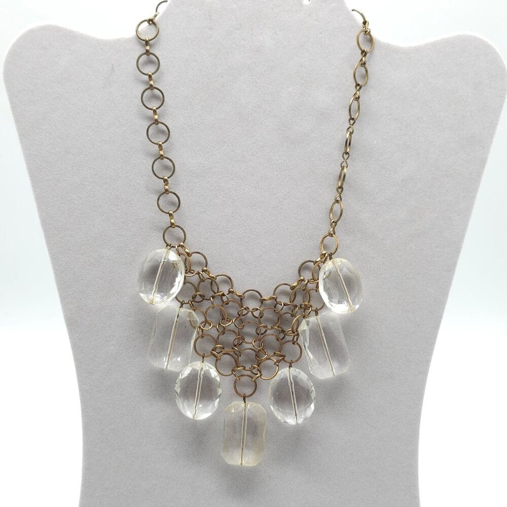 Vintage Gold Tone Bib Necklace Clear Glass Beads Chainmail Design